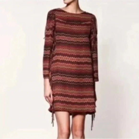 Zara Tribal Bohemian Tunic Shift Dress zig zag Fringe Long Sleeve size M - Picture 1 of 12